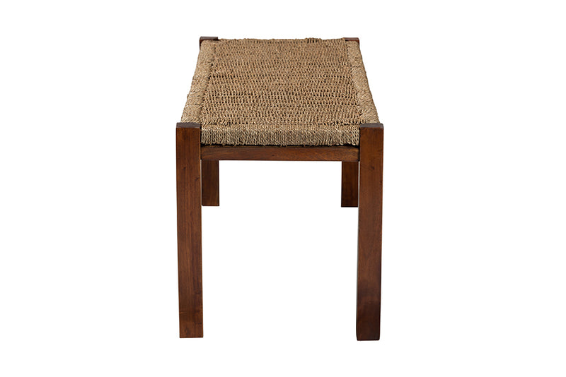 Calvetti Mid-Century Natural Seagrass and Mahogany Wood Bench