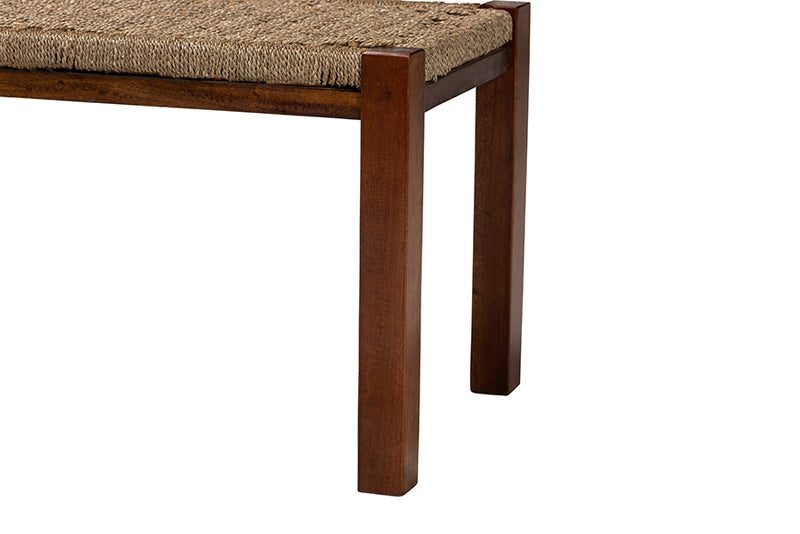 Calvetti Mid-Century Natural Seagrass and Mahogany Wood Bench