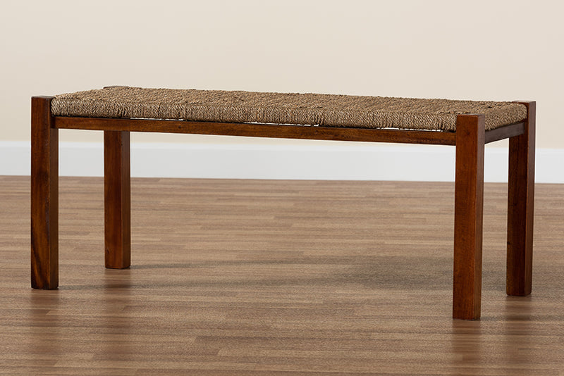 Calvetti Mid-Century Natural Seagrass and Mahogany Wood Bench