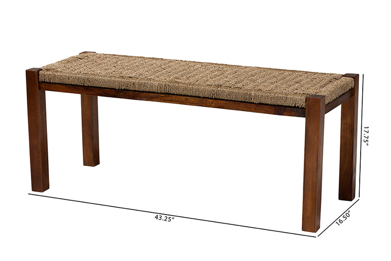 Calvetti Mid-Century Natural Seagrass and Mahogany Wood Bench