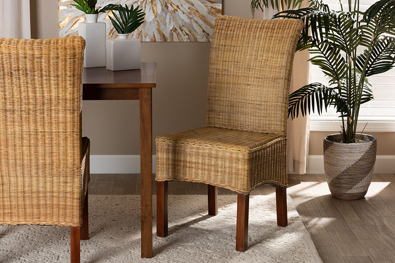 Parker Modern Bohemian Natural Rattan and Mahogany Wood Dining Chair