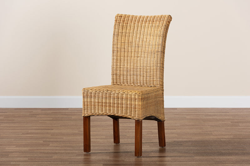 Parker Modern Bohemian Natural Rattan and Mahogany Wood Dining Chair