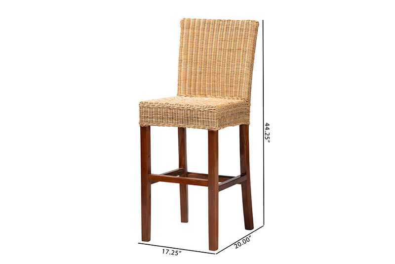 Kylie Natural Rattan and Mahogany Wood Bar Stool Baxton