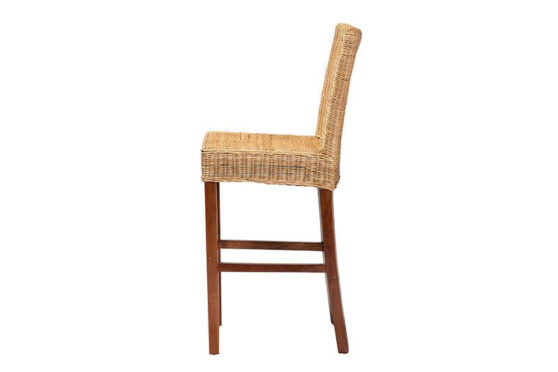 Kylie Natural Rattan and Mahogany Wood Bar Stool Baxton