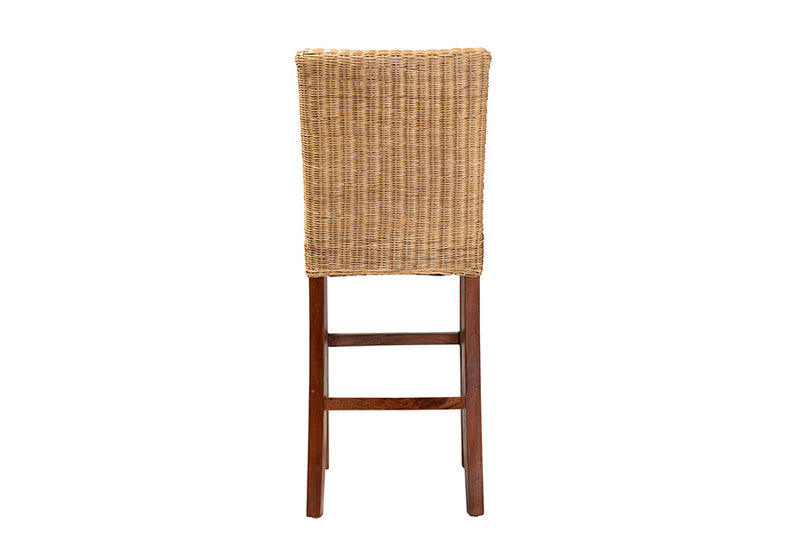 Kylie Natural Rattan and Mahogany Wood Bar Stool Baxton