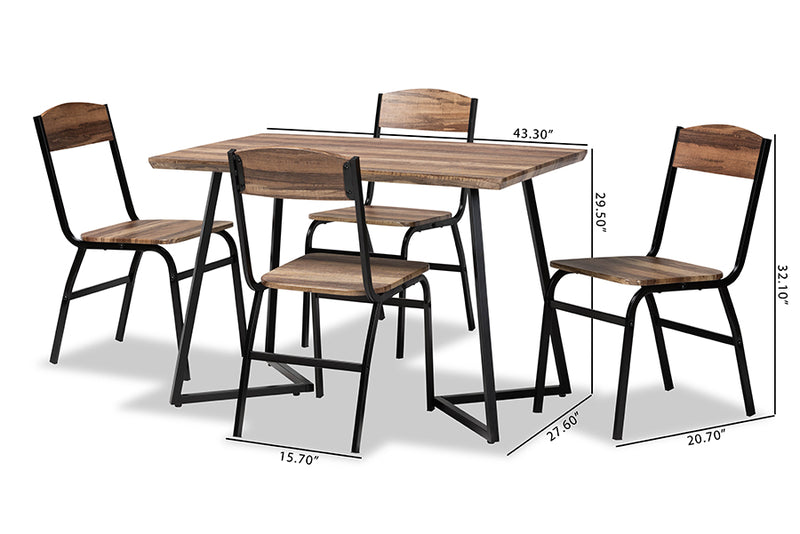 Dallan Modern and Contemporary Walnut Brown Finished Wood and Black Metal 5-Piece Dining Set