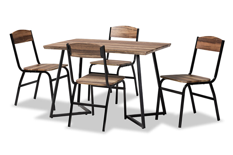 Dallan Modern and Contemporary Walnut Brown Finished Wood and Black Metal 5-Piece Dining Set