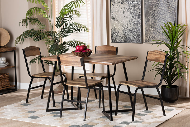 Dallan Modern and Contemporary Walnut Brown Finished Wood and Black Metal 5-Piece Dining Set