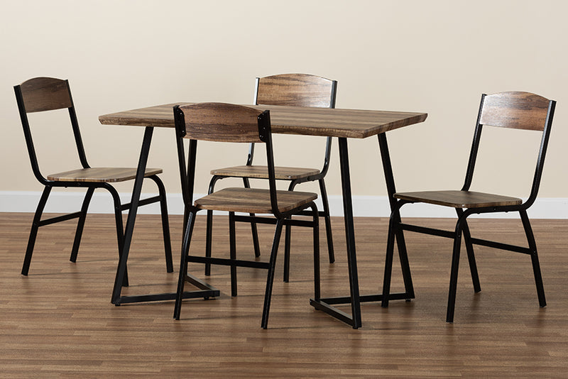 Dallan Modern and Contemporary Walnut Brown Finished Wood and Black Metal 5-Piece Dining Set