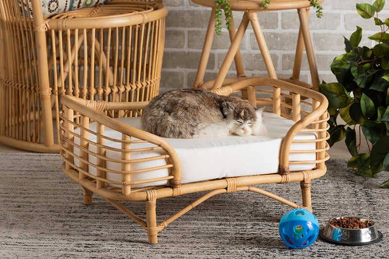 Lenoir Modern Bohemian  Natural Brown Rattan Pet Bed w/Cushion