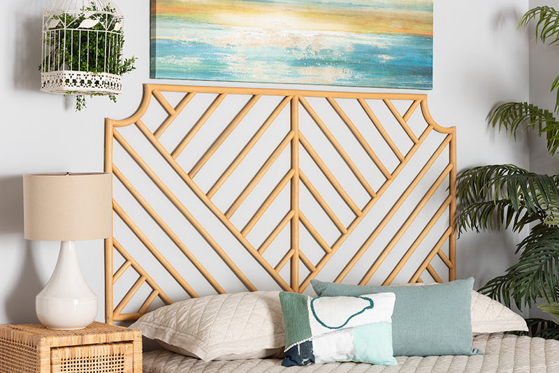 Isidora Modern Bohemian Natural Brown Rattan Queen Size Wall-mount Headboard