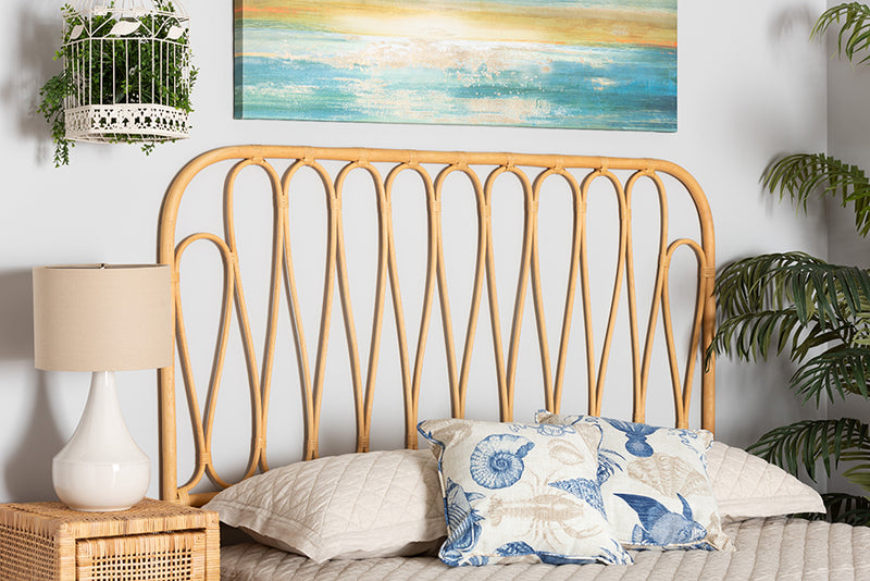 Curacao Modern Bohemian Natural Brown Rattan Queen Size Wall-mount Headboard