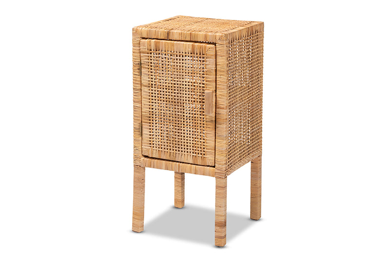 Perry Modern Bohemian Natural Brown Rattan 1-Door Nightstand