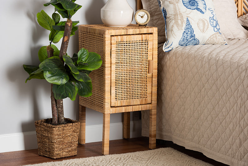 Perry Modern Bohemian Natural Brown Rattan 1-Door Nightstand