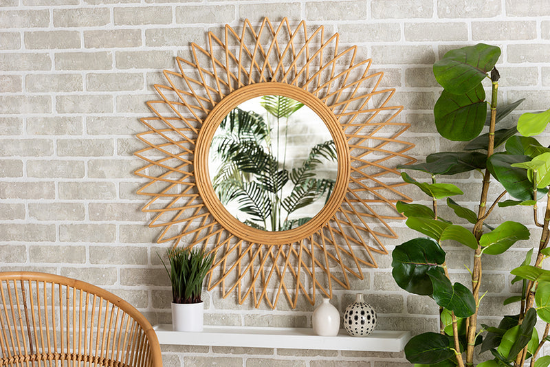 Neville Modern Bohemian Natural Brown Rattan Accent Wall Mirror