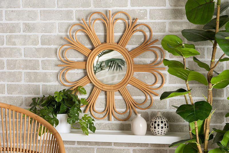 Brette Modern Bohemian Natural Brown Rattan Accent Wall Mirror