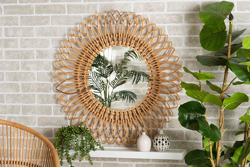 Vaughan Modern Bohemian Natural Brown Rattan Accent Wall Mirror