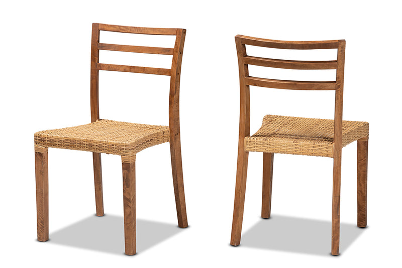 Michi Mid-Century Modern Walnut Brown Mahogany Wood and Natural Rattan 2-Piece Dining Chair Set