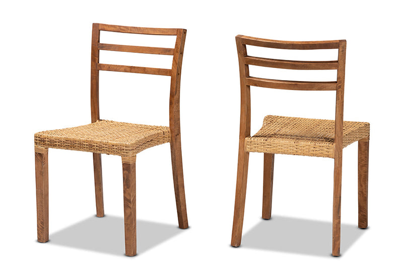Michi Walnut Brown Mahogany Wood and Natural Rattan 2Pc Dining Chair Set Baxton