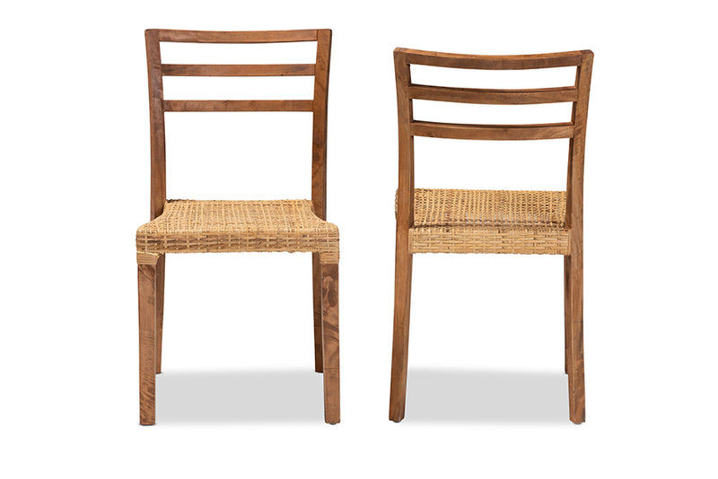 Michi Mid-Century Modern Walnut Brown Mahogany Wood and Natural Rattan 2-Piece Dining Chair Set