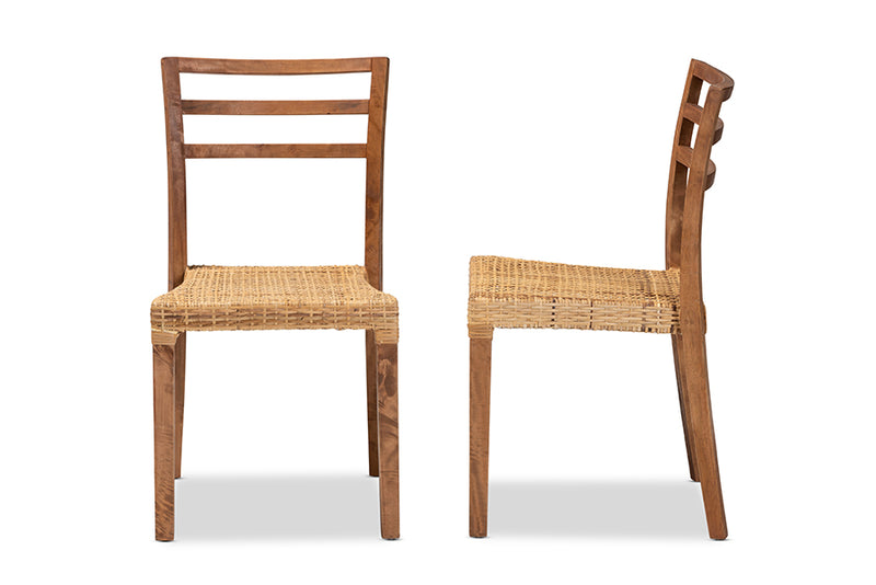 Michi Mid-Century Modern Walnut Brown Mahogany Wood and Natural Rattan 2-Piece Dining Chair Set