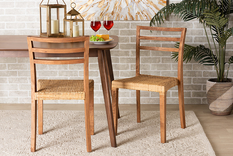 Michi Mid-Century Modern Walnut Brown Mahogany Wood and Natural Rattan 2-Piece Dining Chair Set