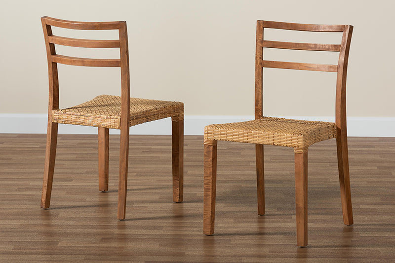 Michi Mid-Century Modern Walnut Brown Mahogany Wood and Natural Rattan 2-Piece Dining Chair Set