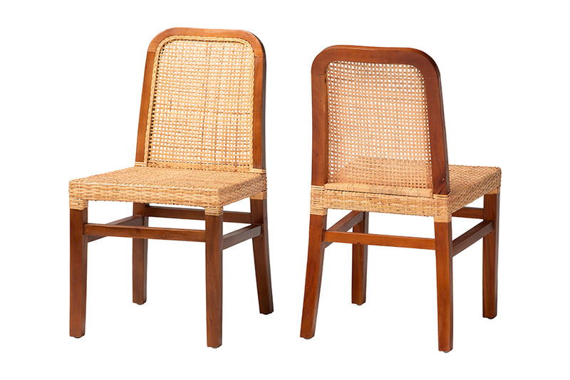 Phoenix Mid-Century Modern Walnut Brown Mahogany Wood and Natural Rattan 2-Piece Dining Chair Set