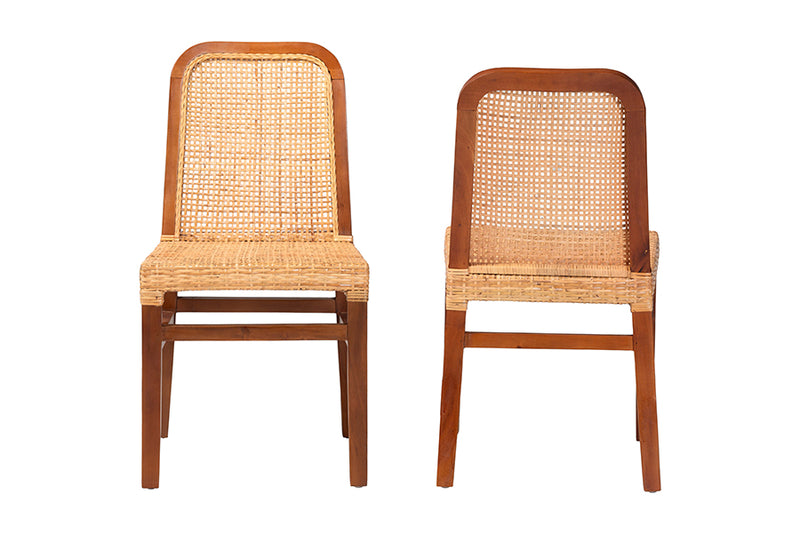 Phoenix Mid-Century Modern Walnut Brown Mahogany Wood and Natural Rattan 2-Piece Dining Chair Set