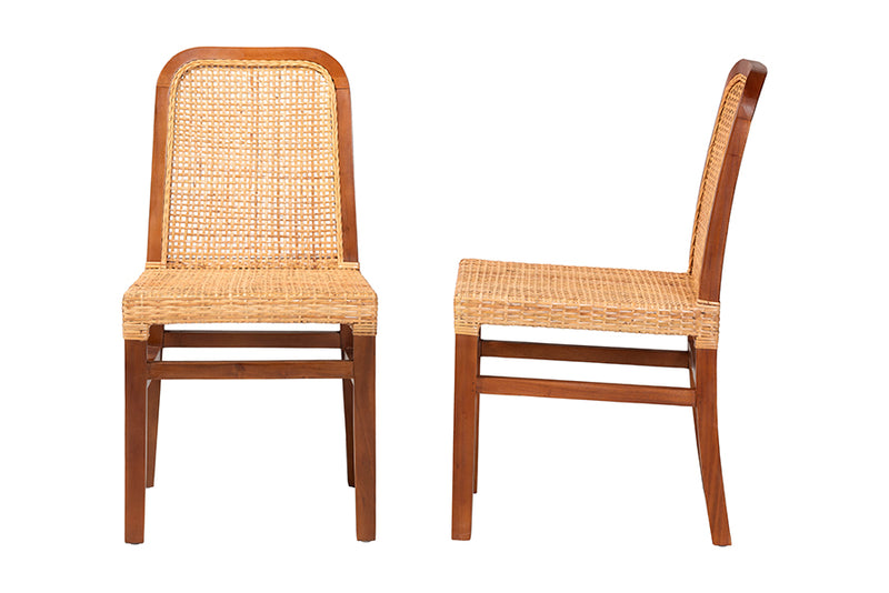 Phoenix Mid-Century Modern Walnut Brown Mahogany Wood and Natural Rattan 2-Piece Dining Chair Set