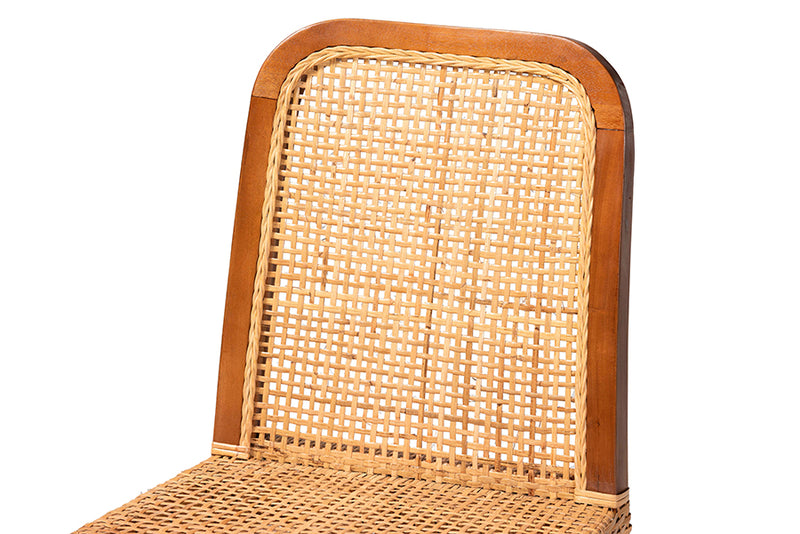 Phoenix Mid-Century Modern Walnut Brown Mahogany Wood and Natural Rattan 2-Piece Dining Chair Set