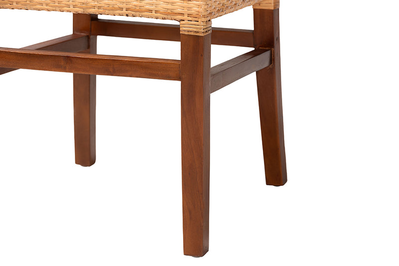 Phoenix Mid-Century Modern Walnut Brown Mahogany Wood and Natural Rattan 2-Piece Dining Chair Set