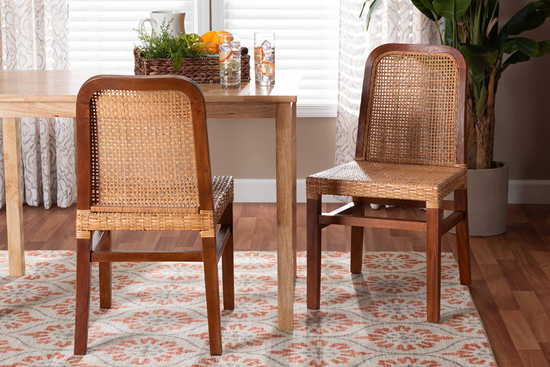 Phoenix Mid-Century Modern Walnut Brown Mahogany Wood and Natural Rattan 2-Piece Dining Chair Set