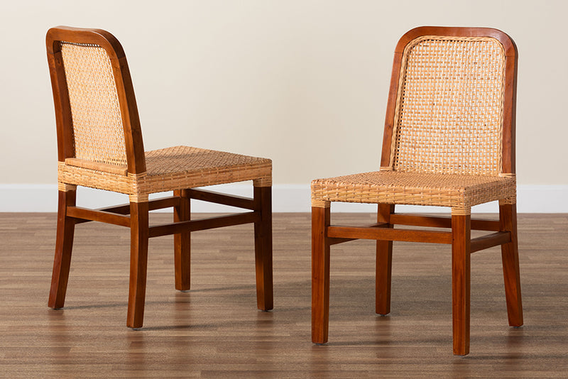 Phoenix Mid-Century Modern Walnut Brown Mahogany Wood and Natural Rattan 2-Piece Dining Chair Set