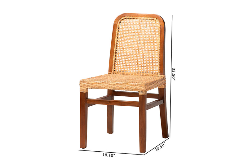 Phoenix Mid-Century Modern Walnut Brown Mahogany Wood and Natural Rattan 2-Piece Dining Chair Set