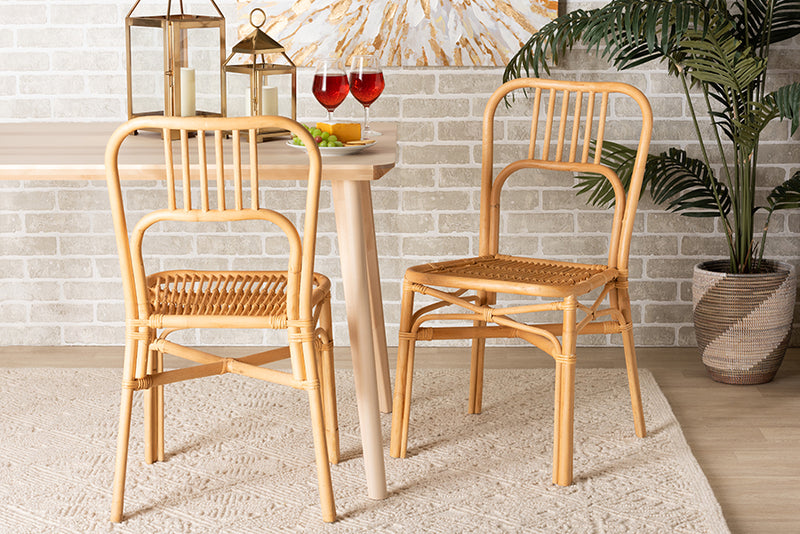 Auden Modern Bohemian Natural Brown Rattan 2-Piece Dining Chair Set