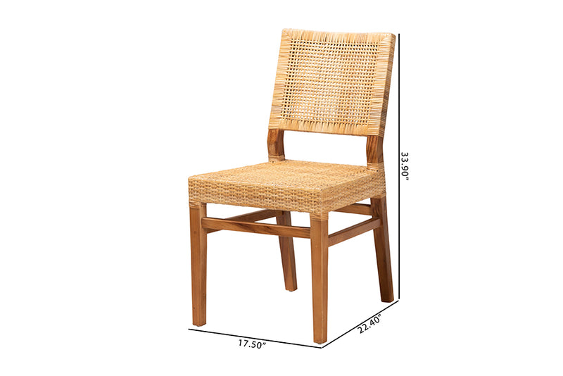 Merci Modern Bohemian Natural Brown Rattan and Walnut Brown Mahogany Wood Dining Chair