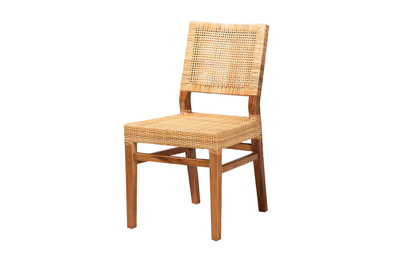 Merci Modern Bohemian Natural Brown Rattan and Walnut Brown Mahogany Wood Dining Chair