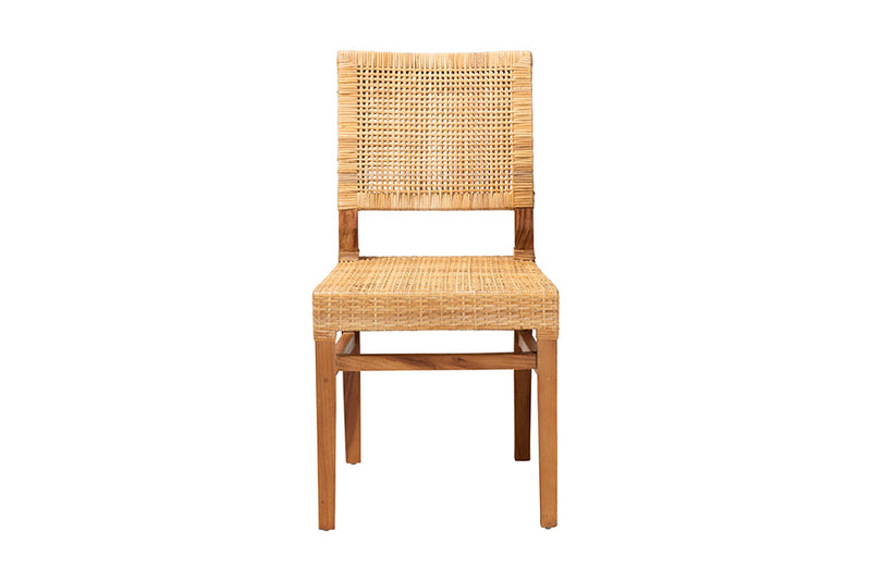 Merci Modern Bohemian Natural Brown Rattan and Walnut Brown Mahogany Wood Dining Chair