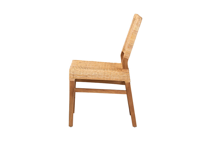 Merci Modern Bohemian Natural Brown Rattan and Walnut Brown Mahogany Wood Dining Chair