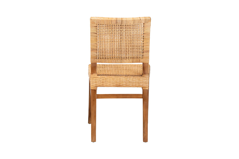 Merci Modern Bohemian Natural Brown Rattan and Walnut Brown Mahogany Wood Dining Chair