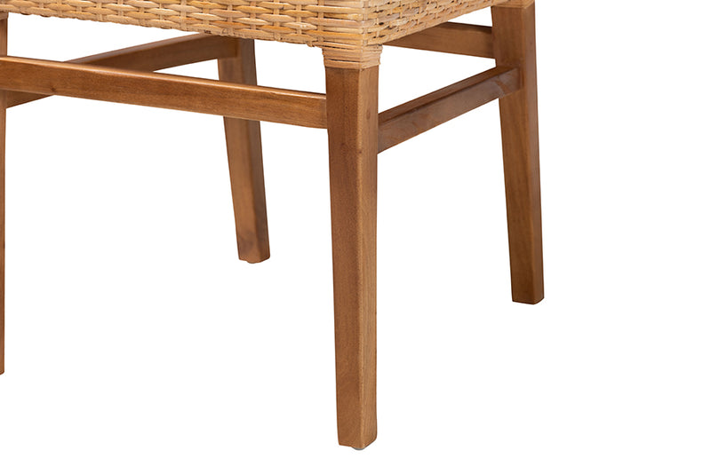 Merci Modern Bohemian Natural Brown Rattan and Walnut Brown Mahogany Wood Dining Chair