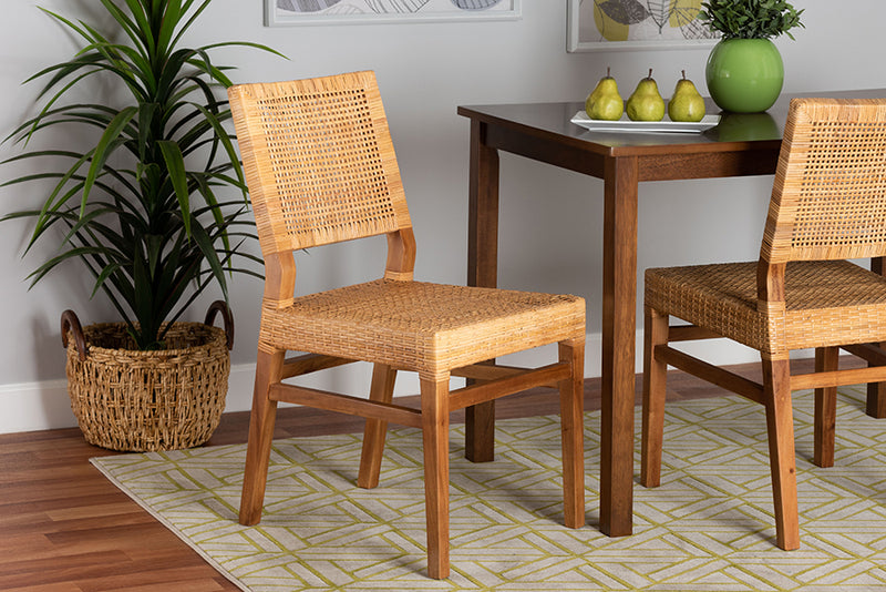 Merci Modern Bohemian Natural Brown Rattan and Walnut Brown Mahogany Wood Dining Chair