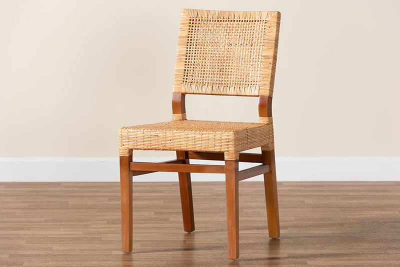 Merci Modern Bohemian Natural Brown Rattan and Walnut Brown Mahogany Wood Dining Chair