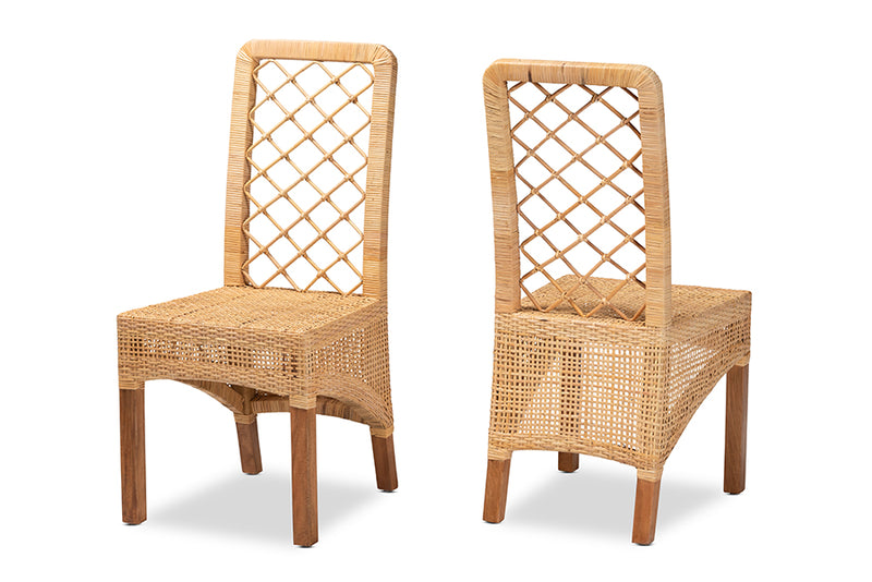 Tallis Modern Bohemian Natural Brown Rattan and Walnut Brown Mahogany Wood 2-Piece Dining Chair Set