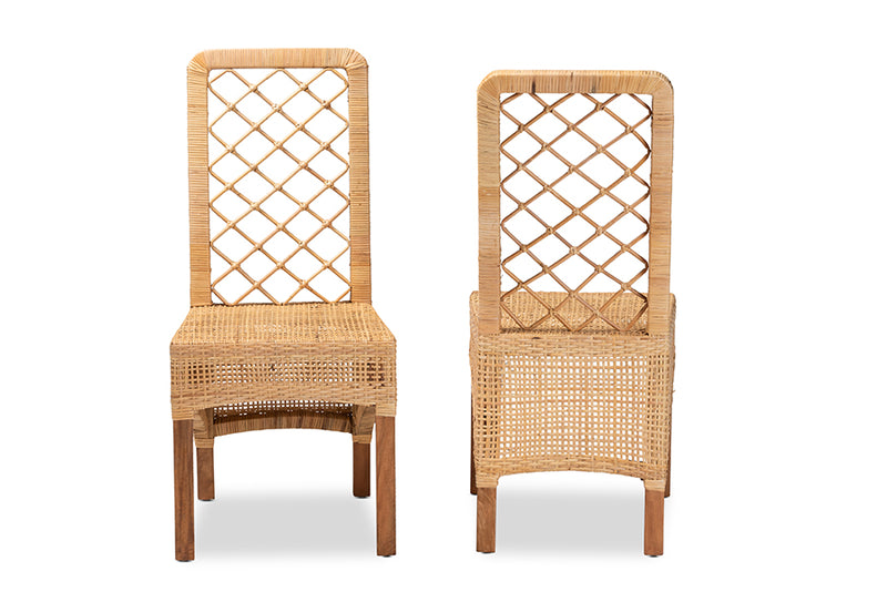 Tallis Modern Bohemian Natural Brown Rattan and Walnut Brown Mahogany Wood 2-Piece Dining Chair Set