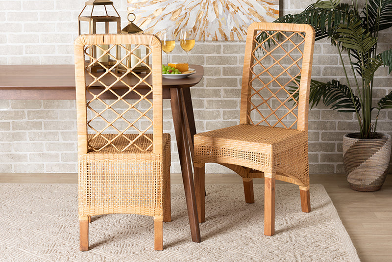 Tallis Modern Bohemian Natural Brown Rattan and Walnut Brown Mahogany Wood 2-Piece Dining Chair Set