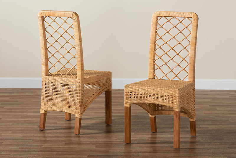 Tallis Modern Bohemian Natural Brown Rattan and Walnut Brown Mahogany Wood 2-Piece Dining Chair Set