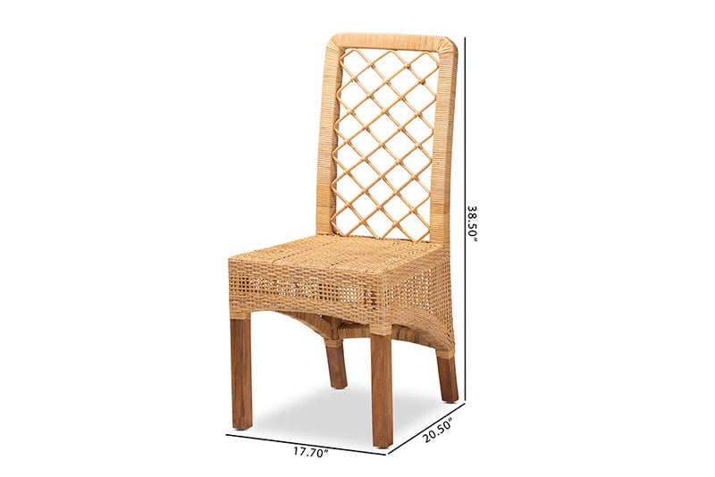 Tallis Natural Brown Rattan and Walnut Brown Mahogany Wood 2Pc Dining Chair Set Baxton