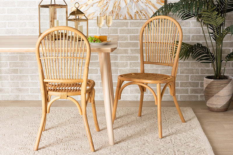 Alida Modern Bohemian Natural Brown Rattan 2-Piece Dining Chair Set